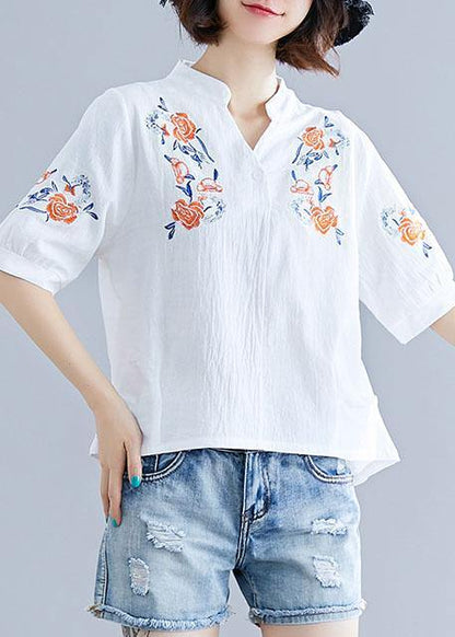 Natural White Embroidery Linen Clothes Work Outfits V Neck Summer Blouses