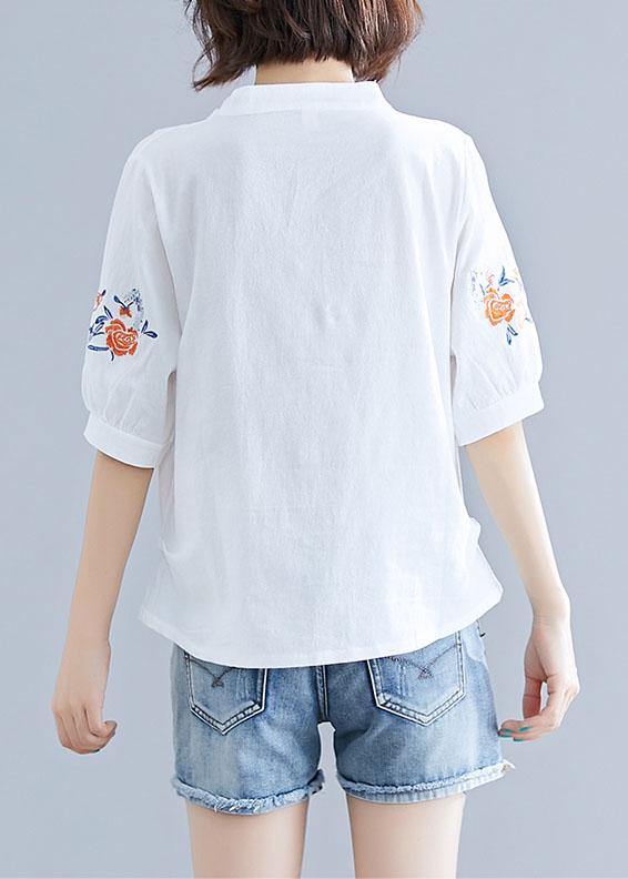 Natural White Embroidery Linen Clothes Work Outfits V Neck Summer Blouses