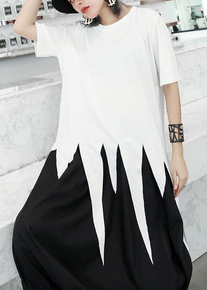 Natural White O Neck Cotton Clothes for Asymmetric Hem Silhouette Summer Top