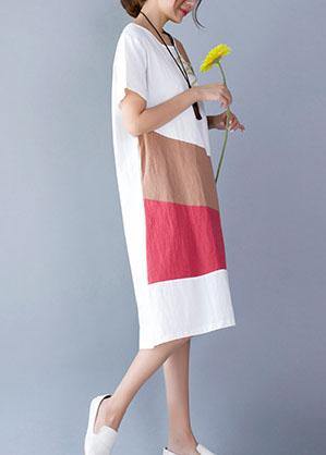 Natural White Patchwork Color Cotton Linen Wardrobes Short Sleeve Loose Summer Dresses