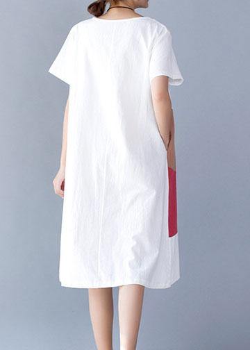 Natural White Patchwork Color Cotton Linen Wardrobes Short Sleeve Loose Summer Dresses