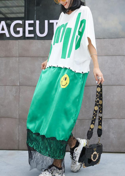 Natural White Patchwork Cotton Tunic Pattern Alphabet Prints Long Summer Dress