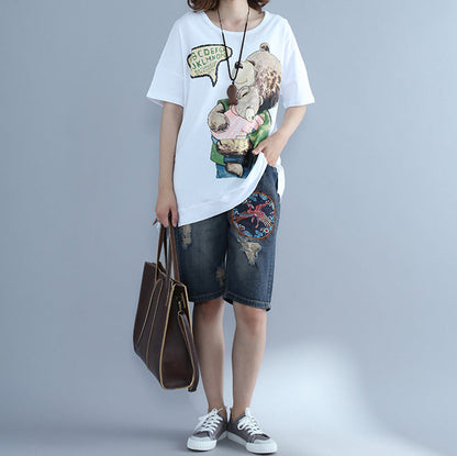 Natural White Print Cotton Clothes Omychic Photography Batwing Sleeve O Neck Top