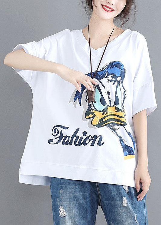 Natural White Prints Cotton Tunic V Neck Box Summer Blouses