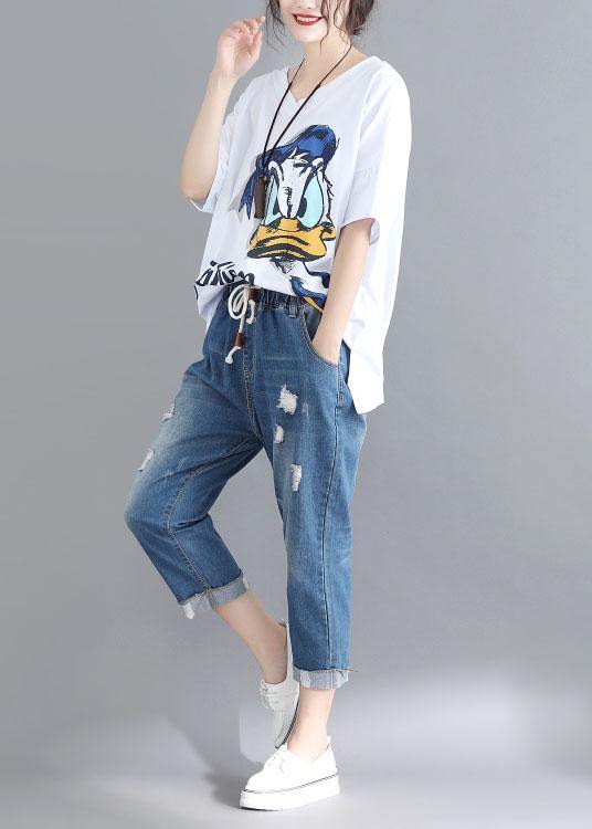 Natural White Prints Cotton Tunic V Neck Box Summer Blouses