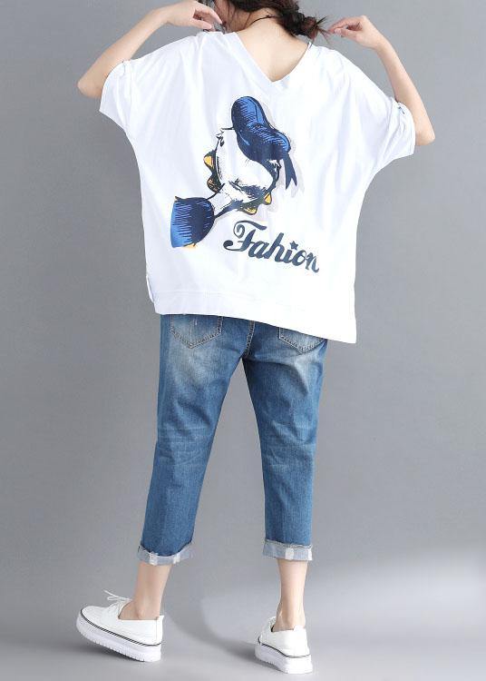 Natural White Prints Cotton Tunic V Neck Box Summer Blouses