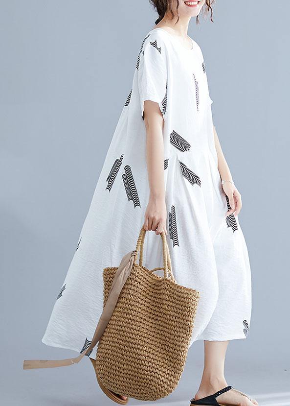 Natural Cinched Cotton Long Shirts Wardrobes White Prints Dress Summer
