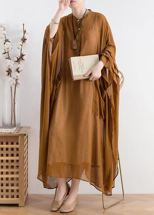 Natural Yellow Chiffon Robes Shape Stand Collar Batwing Sleeve Dress