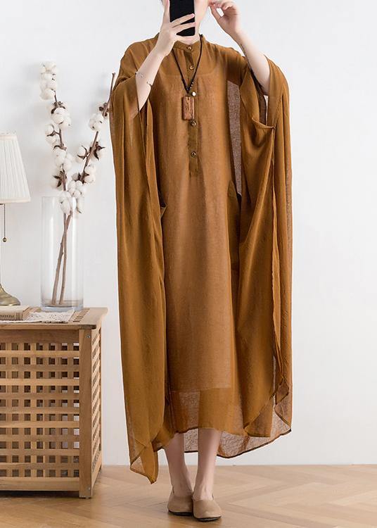 Natural Yellow Chiffon Robes Shape Stand Collar Batwing Sleeve Dress