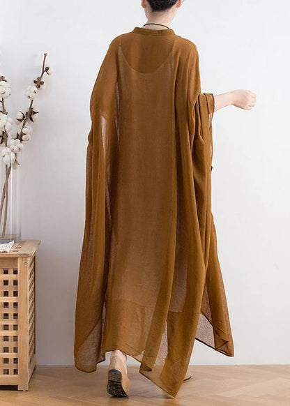 Natural Yellow Chiffon Robes Shape Stand Collar Batwing Sleeve Dress