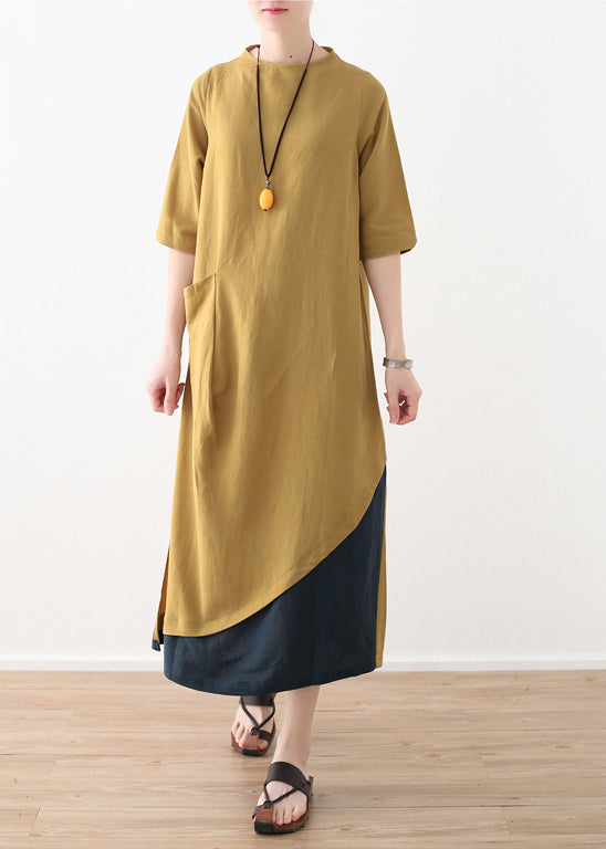 Natural Yellow Cotton Linen Quilting Dresses Design Side Open Daily Summer Dresses