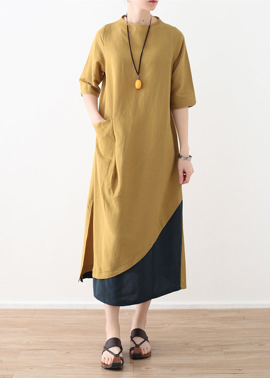 Natural Yellow Cotton Linen Quilting Dresses Design Side Open Daily Summer Dresses