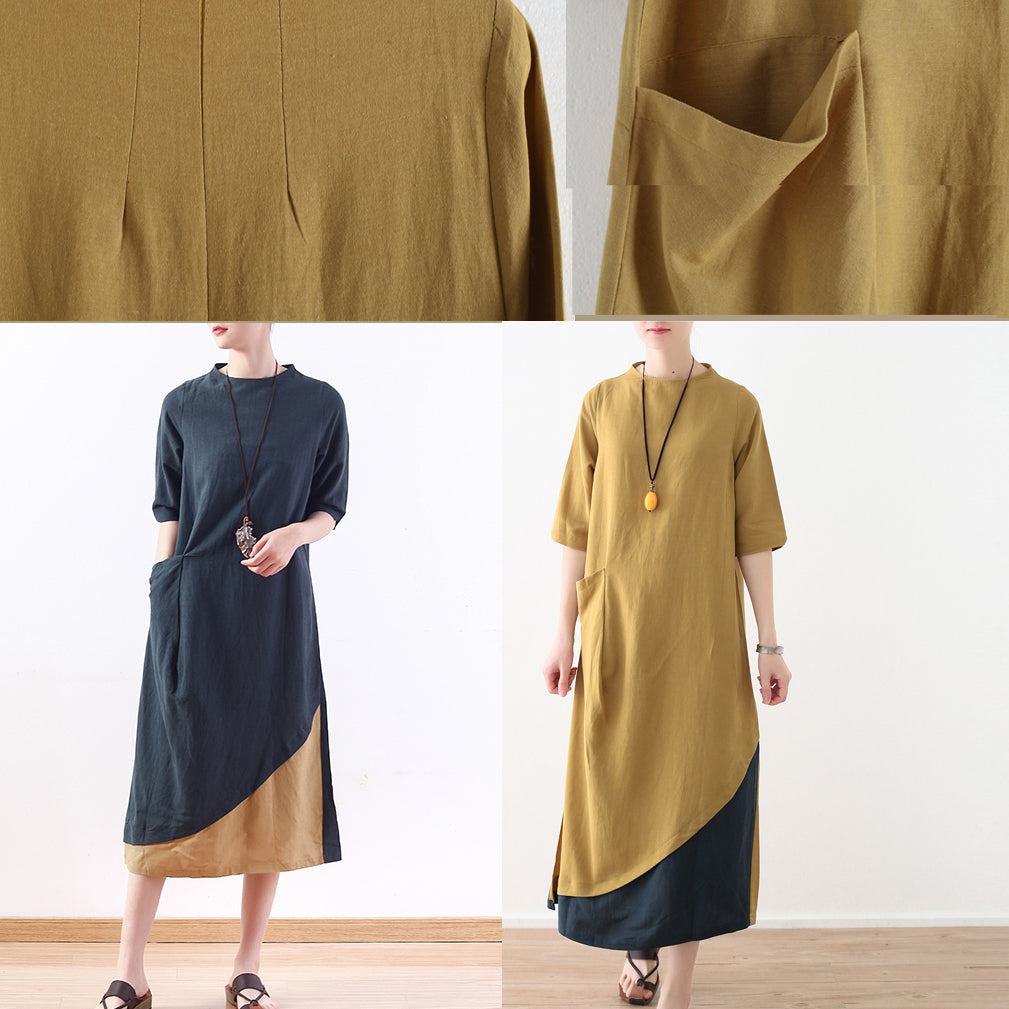Natural Yellow Cotton Linen Quilting Dresses Design Side Open Daily Summer Dresses