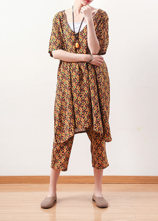 Natural Yellow Linen Tops Fine Photography V Neck Crop Pants Shift Summer Two Pieces
