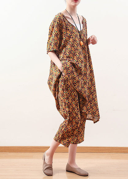 Natural Yellow Linen Tops Fine Photography V Neck Crop Pants Shift Summer Two Pieces