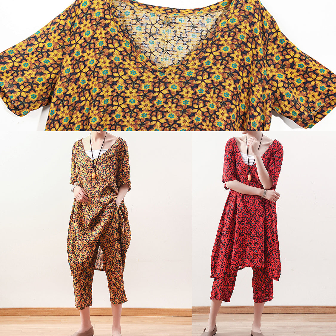 Natural Yellow Linen Tops Fine Photography V Neck Crop Pants Shift Summer Two Pieces
