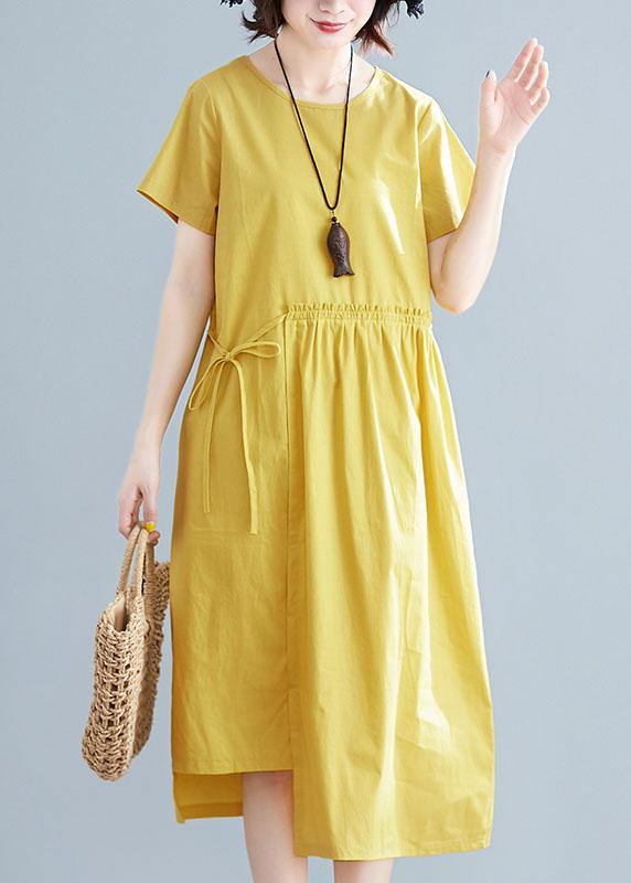 Natural Yellow Linen Cotton Robes O Neck Drawstring Maxi Summer Dresses