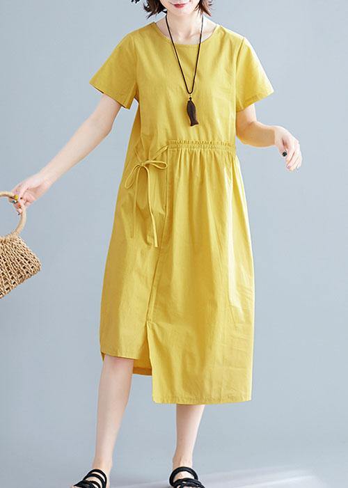 Natural Yellow Linen Cotton Robes O Neck Drawstring Maxi Summer Dresses