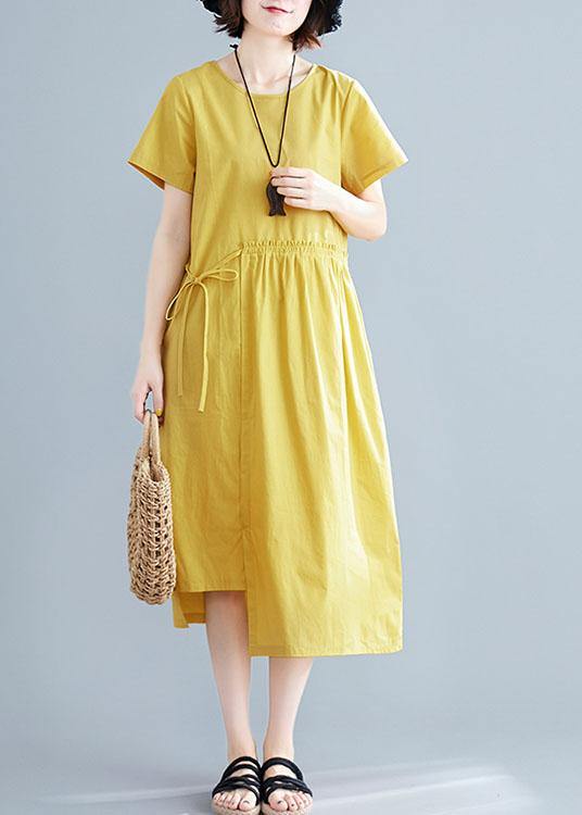 Natural Yellow Linen Cotton Robes O Neck Drawstring Maxi Summer Dresses