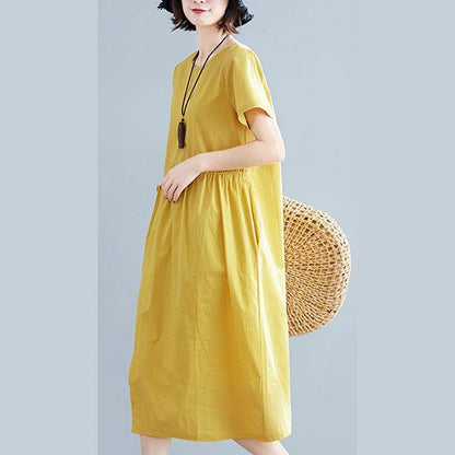 Natural Yellow Linen Cotton Robes O Neck Drawstring Maxi Summer Dresses