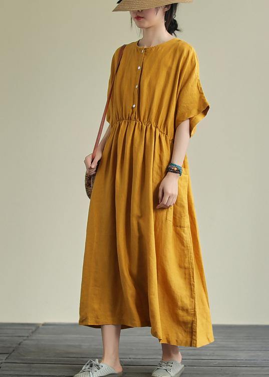 Natural Yellow Linen Outfit O Neck Elastic Waist Linen Robes Summer Dresses