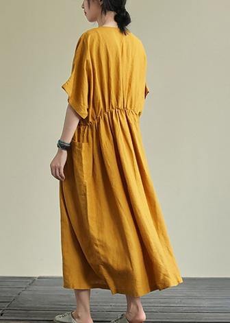 Natural Yellow Linen Outfit O Neck Elastic Waist Linen Robes Summer Dresses