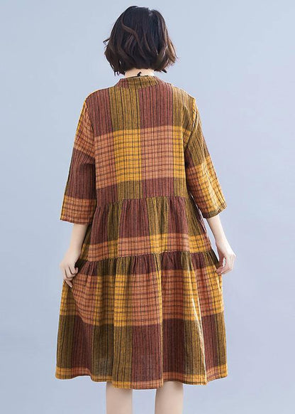 Natural Yellow Plaid Linen Clothes for Stand Collar Maxi Summer Dresses