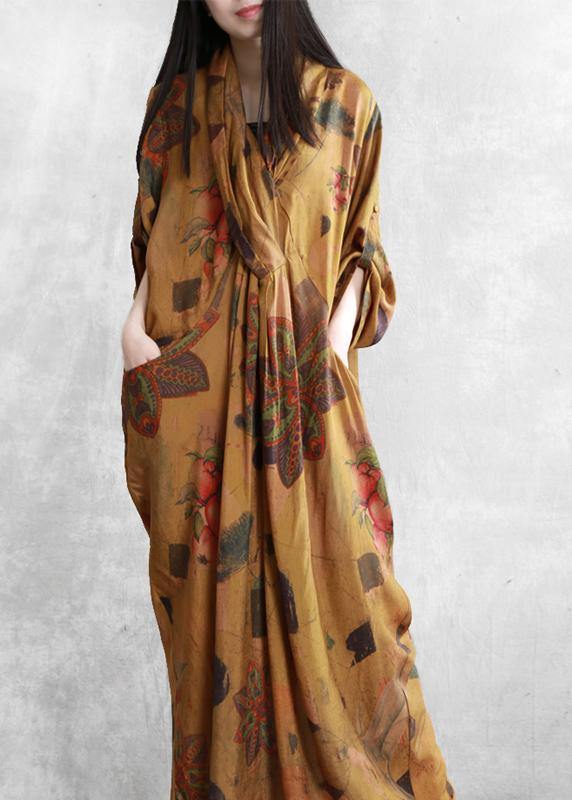 Natural Yellow Print Cotton Dress Silhouette V Neck Asymmetric Summer Dress