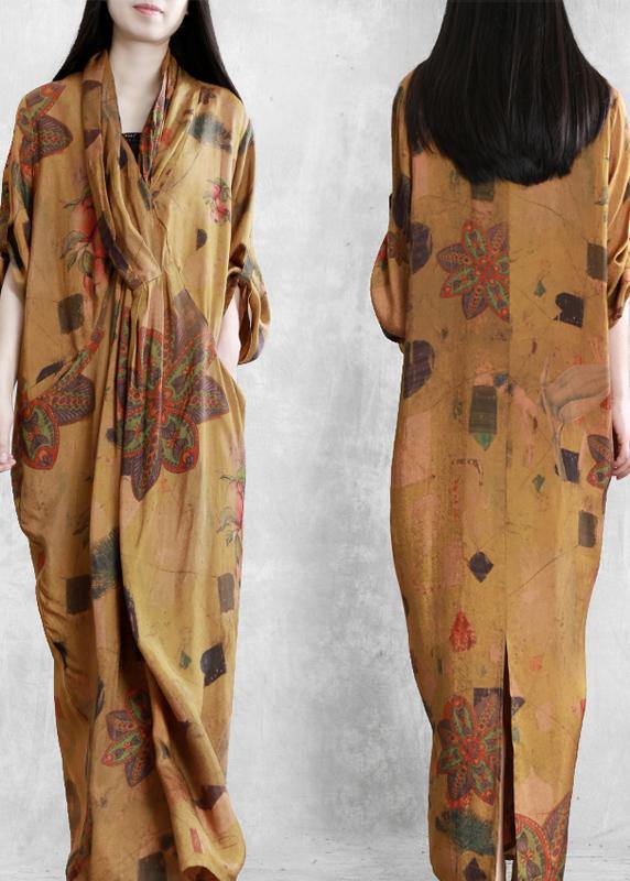 Natural Yellow Print Cotton Dress Silhouette V Neck Asymmetric Summer Dress