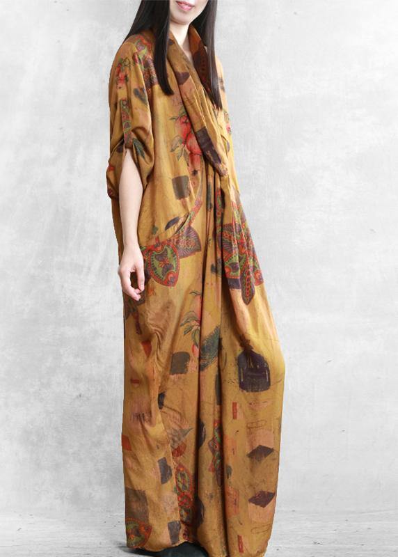 Natural Yellow Print Cotton Dress Silhouette V Neck Asymmetric Summer Dress