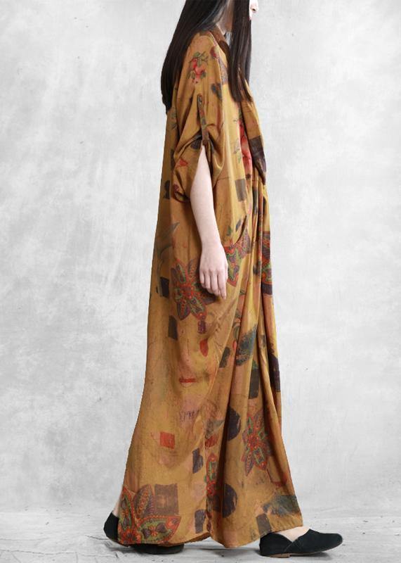 Natural Yellow Print Cotton Dress Silhouette V Neck Asymmetric Summer Dress