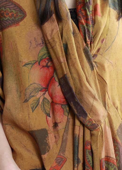 Natural Yellow Print Cotton Dress Silhouette V Neck Asymmetric Summer Dress