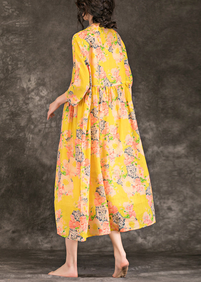 Natural Yellow Print Linen Outfit Stylish Outfits Stand Collar Patchwork Maxi Summer Dresses