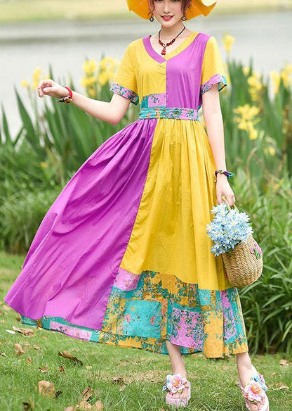 Natural Yellow Purple Print Cotton Tunics V Neck Patchwork Maxi Summer Dress