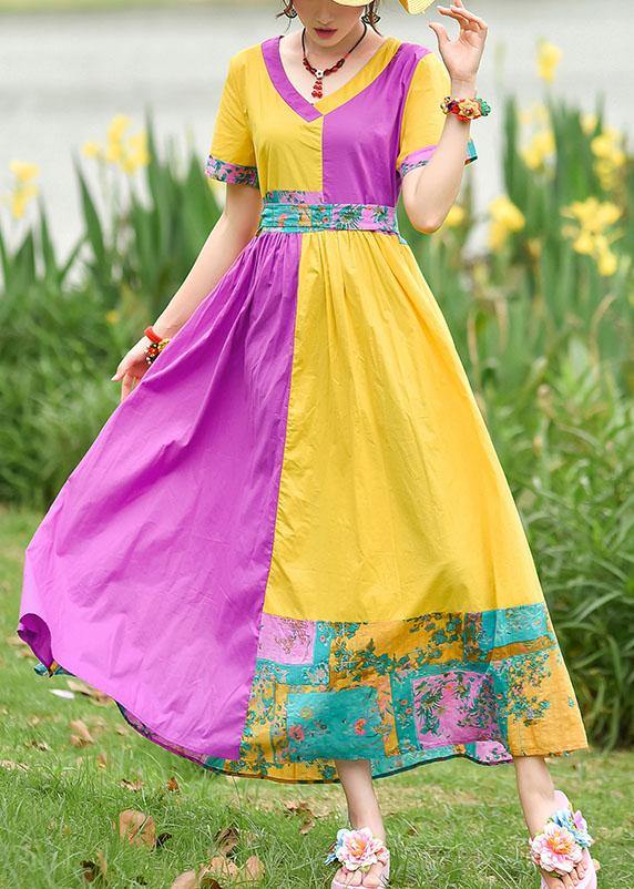 Natural Yellow Purple Print Cotton Tunics V Neck Patchwork Maxi Summer Dress