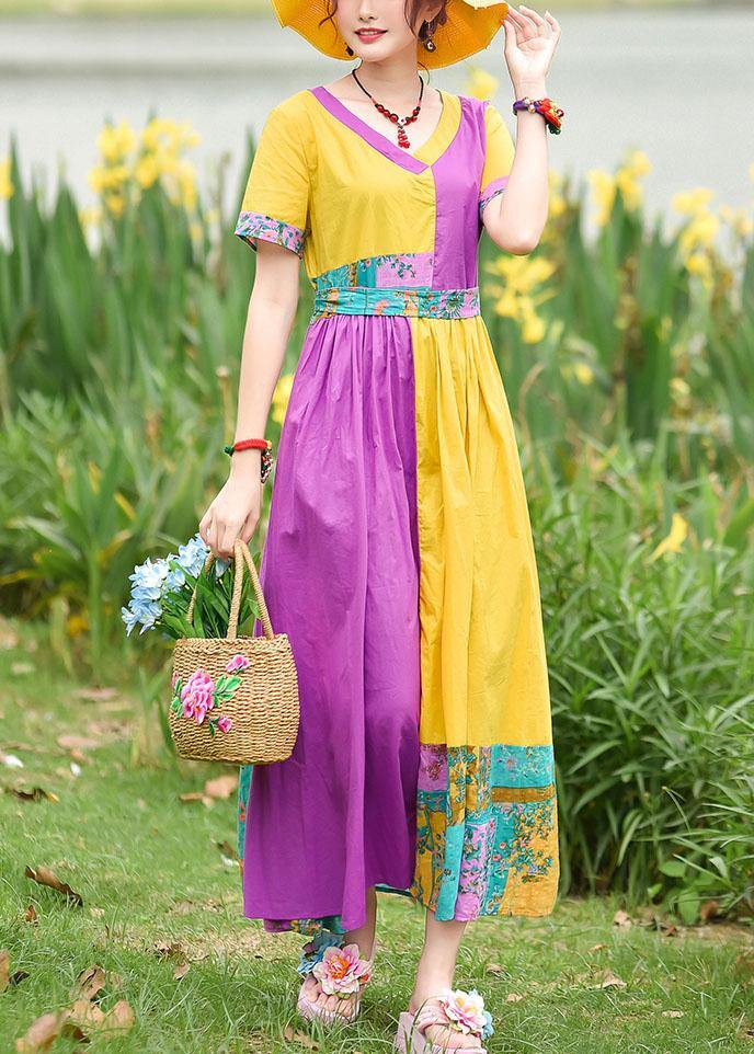 Natural Yellow Purple Print Cotton Tunics V Neck Patchwork Maxi Summer Dress