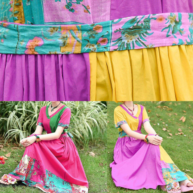 Natural Yellow Purple Print Cotton Tunics V Neck Patchwork Maxi Summer Dress