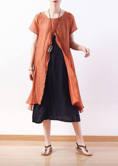 Natural Yellow Striped Blended Tunics for False Two Pieces Cotton Summer Dress