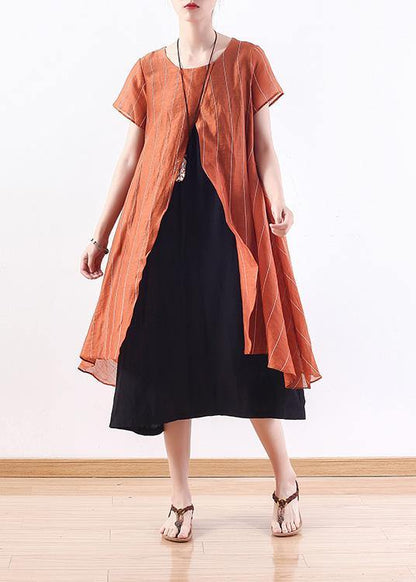 Natural Yellow Striped Blended Tunics for False Two Pieces Cotton Summer Dress