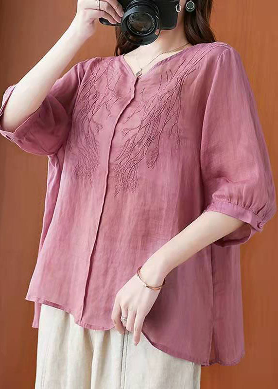 Natural Pink Linen Clothes V Neck Daily Summer Top