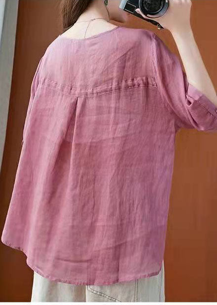 Natural Pink Linen Clothes V Neck Daily Summer Top