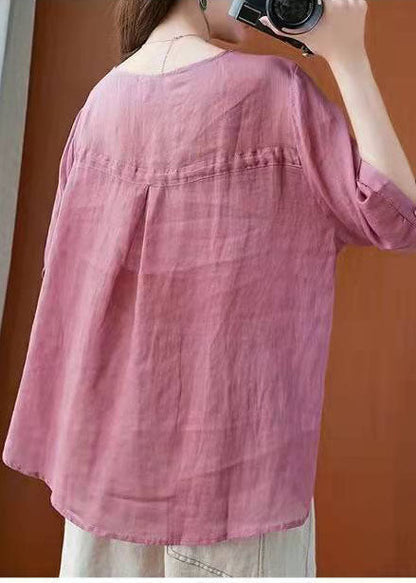 Natural Pink Linen Clothes V Neck Daily Summer Top