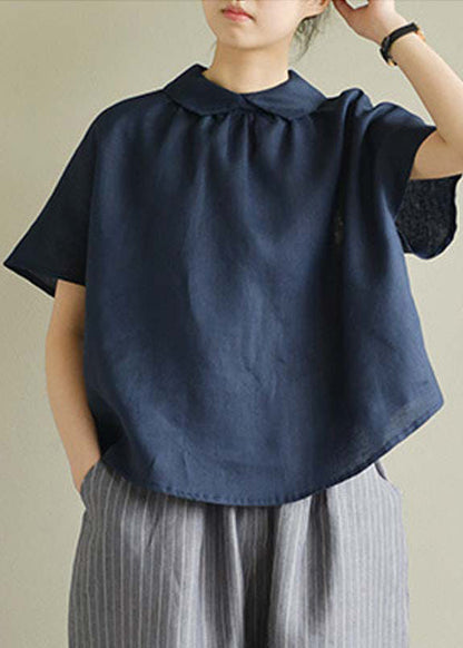 Navy Blue Cozy Linen Shirt Short Sleeve
