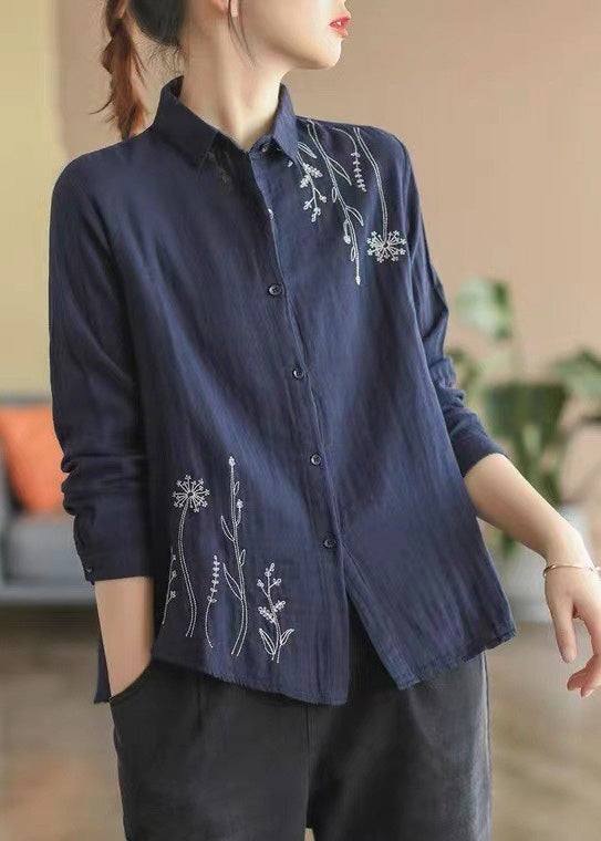 Navy Blue Embroideried Cotton Shirt Spring