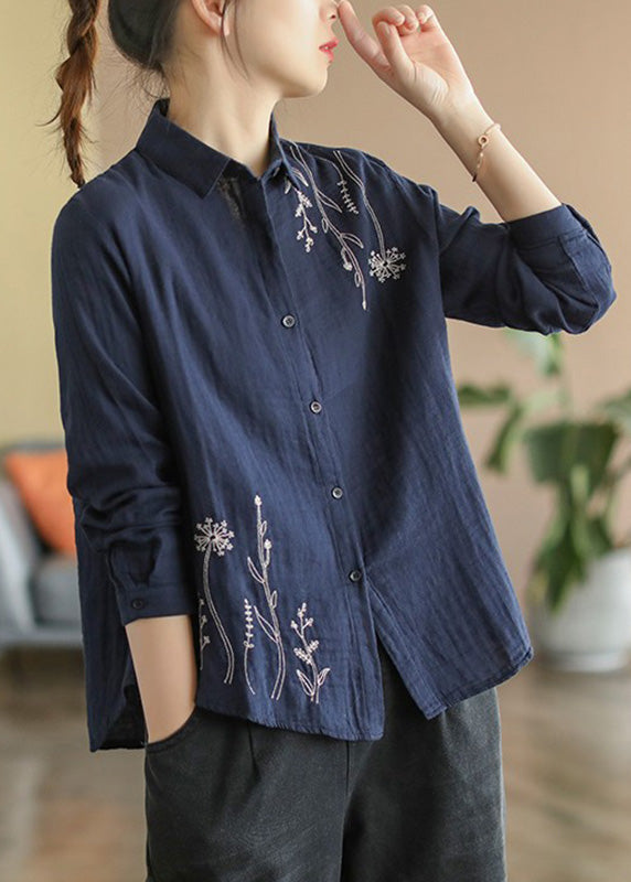 Navy Blue Embroideried Cotton Shirt Spring