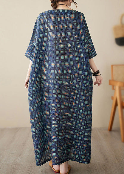 Navy Blue O-neck Plaid Maxi Dress Short Sleeve