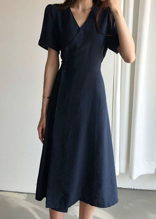 Navy Button Cotton Holiday Slim Fit Dress Short Sleeve