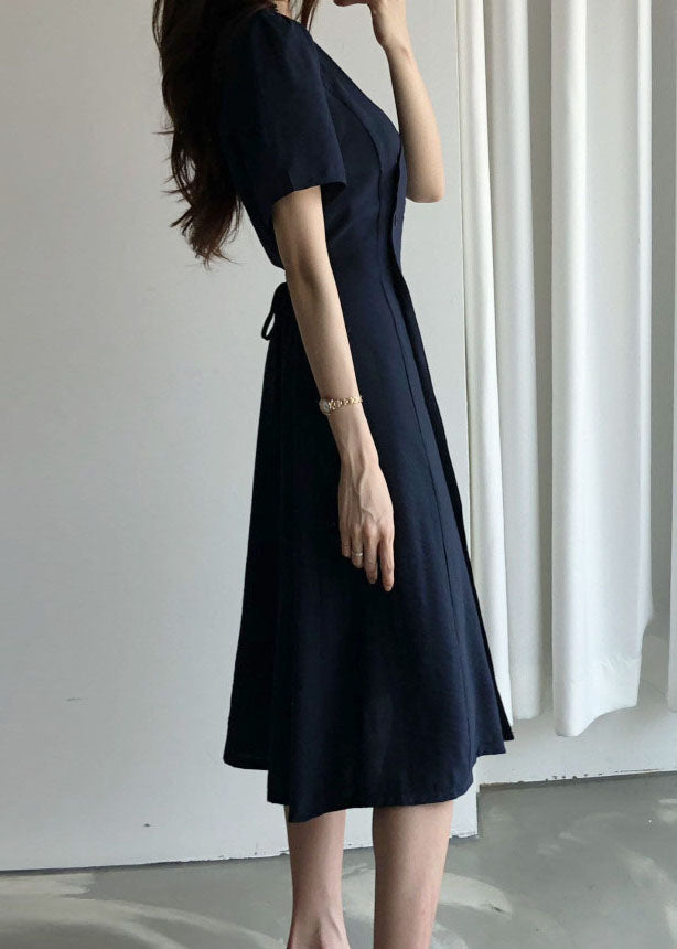 Navy Button Cotton Holiday Slim Fit Dress Short Sleeve