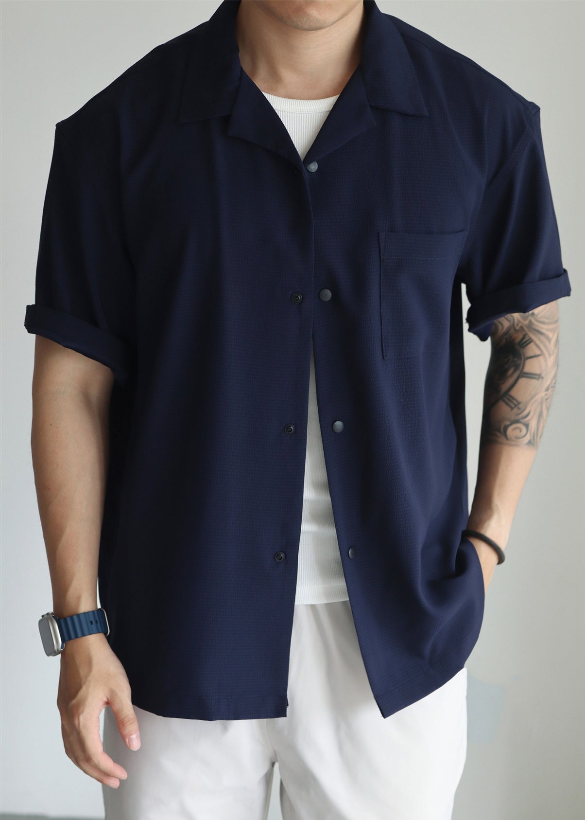 Navy Button Oversized Cotton Shirts Peter Pan Collar