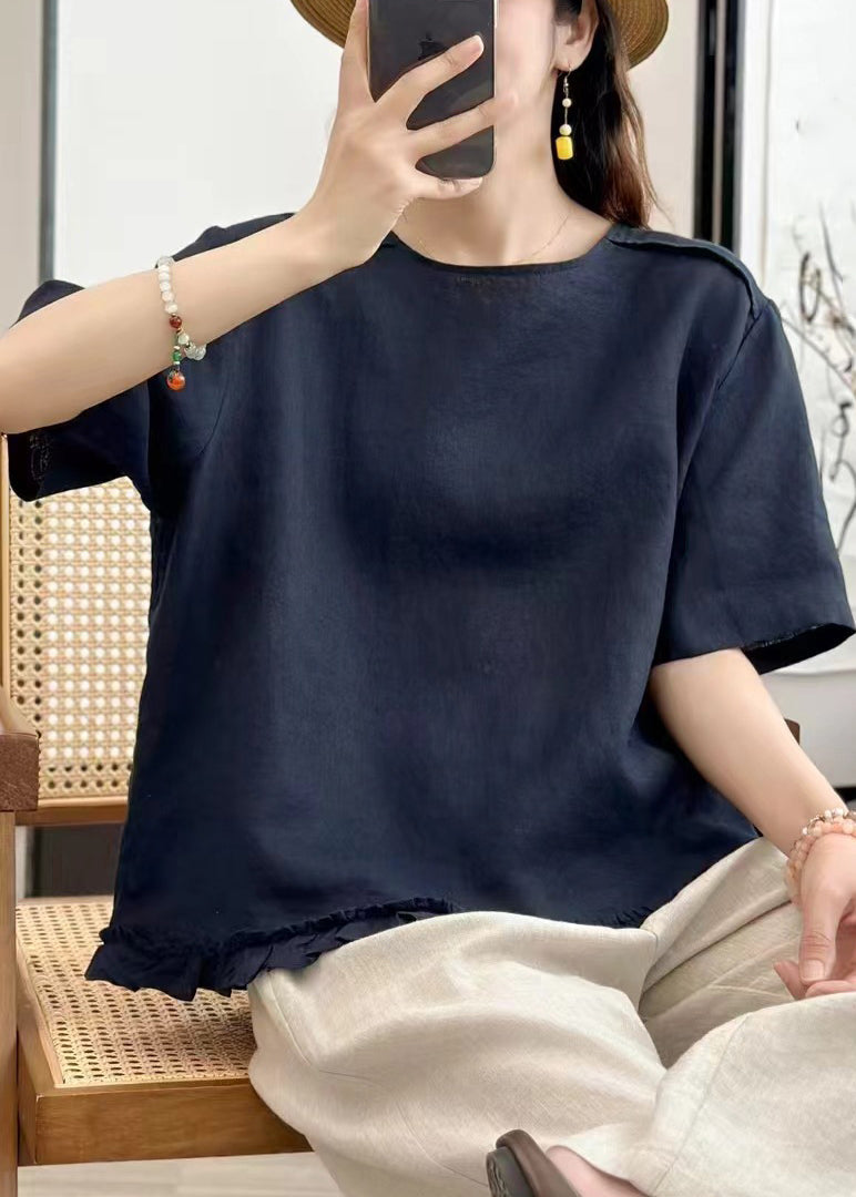 Navy Button Linen Blouse Tops O Neck Summer